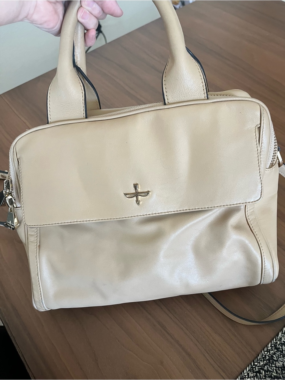 Beige Leather Satchel Handbag